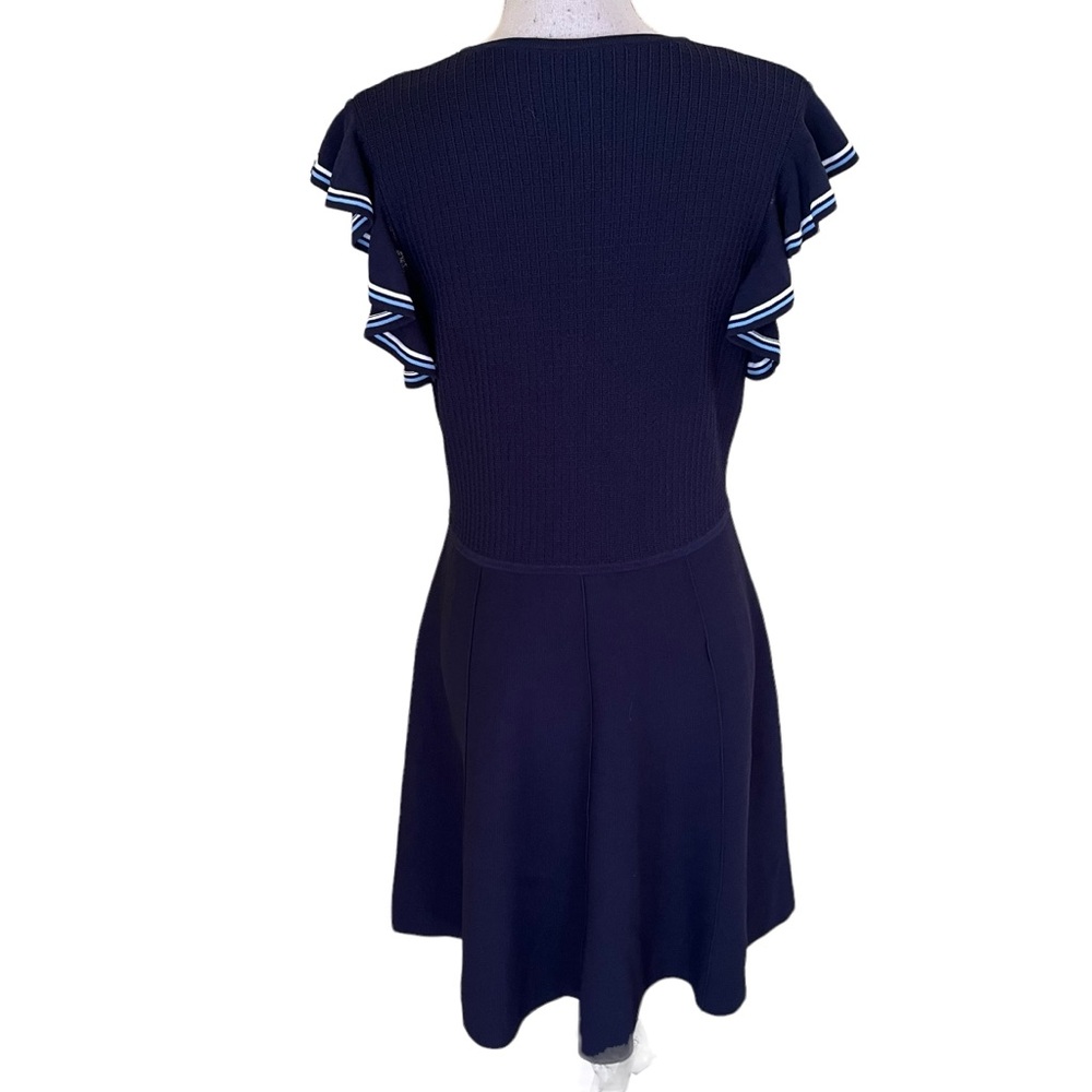 Lela Rose Pearl Navy Blue Ruffle Front Pearl Button Knit Dress L - Picture 10 of 16